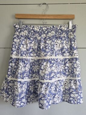 J.CREW Floral Lace Accent A-Line Skirt Blue White Cotton Short Size M
